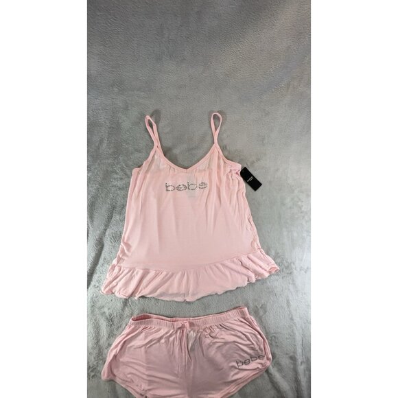 Bebe Sleepwear Women's Large Pink Tank & Shorts lounge set rhinestone logo NWT - Picture 5 of 9